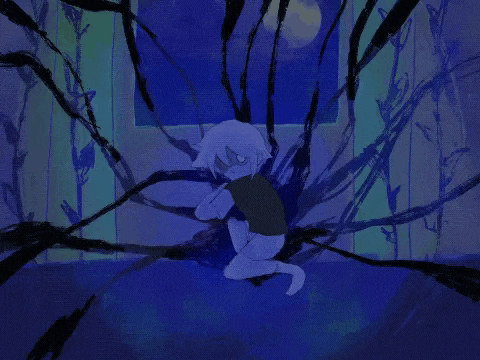 a drawing of a boy with his hands outstretched in a dark room .