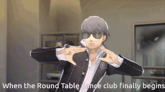 a man in a suit and sunglasses is dancing with the words when the round table dance club finally begins