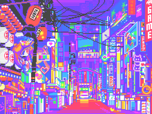 it looks like a pixel art of a city street at night