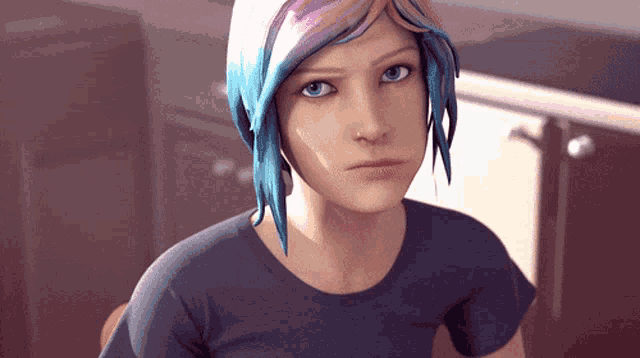 a girl with blue and pink hair is looking at the camera