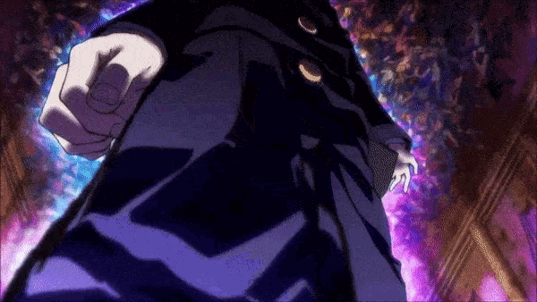 a person in a black suit is standing in a dark room with a purple background