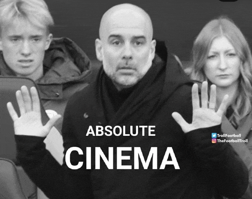 a black and white photo of a man and a woman with absolute cinema written below them