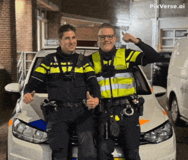 two police officers posing in front of a police car