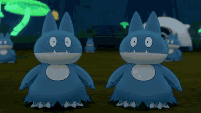 two blue cartoon characters are standing next to each other in front of a tent