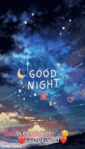 a picture of a night sky with the words `` good night sleep well i love you '' written on it