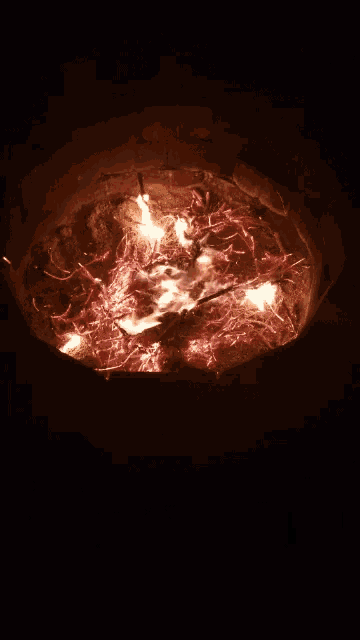 a fire pit is lit up at night with a lot of red flames