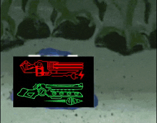 a red and green drawing of a gun is on a black background