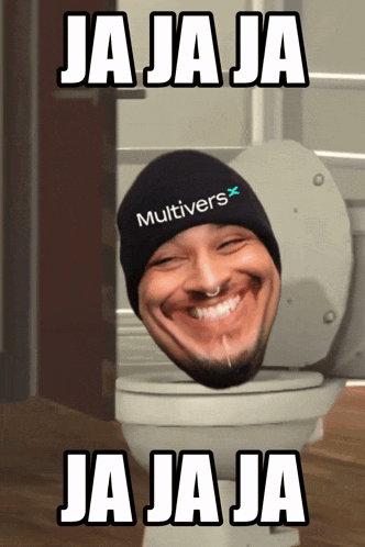 a man wearing a hat that says multivers on it is sitting on a toilet