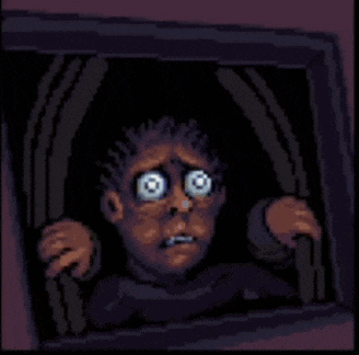 a pixel art of a man with blood on his eyes looking out of a window .