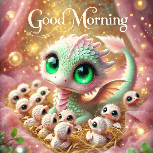 a baby dragon is surrounded by baby birds and the words good morning
