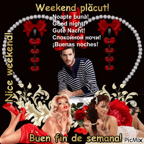 a picture of a man and two women with the words buen fin de semana on it