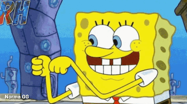 a cartoon of spongebob flexing his muscles with norma gg in the corner