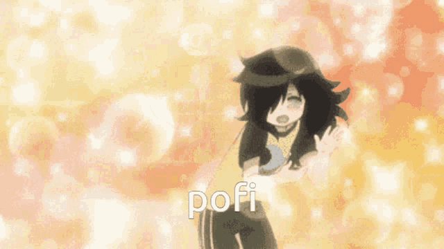 a girl in a yellow shirt with the word pofi on it