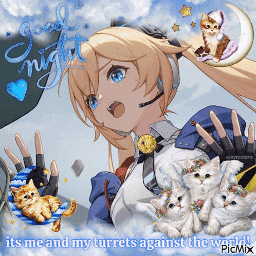 a picture of a girl surrounded by kittens and the words good night it 's me and my turrets against the world