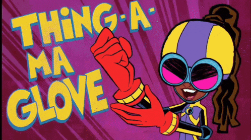 a cartoon character is wearing a red glove and the words thing-a ma glove are above her