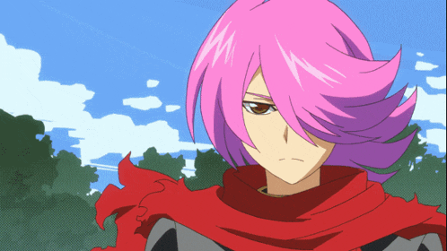 a girl with pink hair is wearing a red scarf around her neck