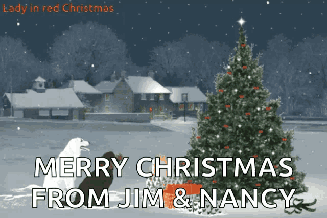 a lady in red christmas card with a christmas tree in the snow