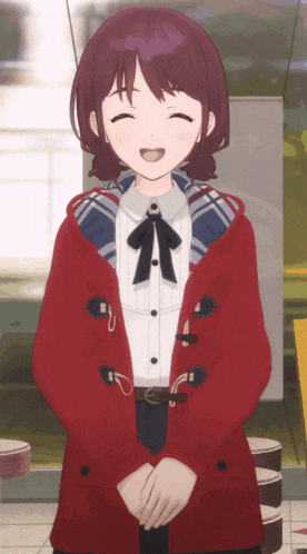 a girl wearing a red coat and a white shirt smiles