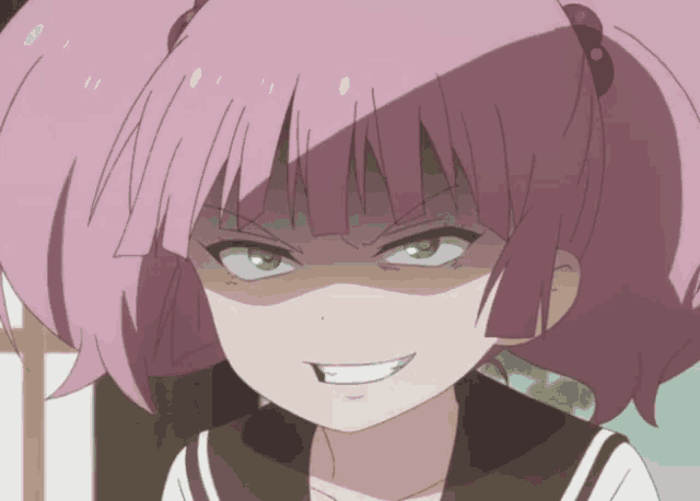 a girl with pink hair and blue eyes is making a very angry face