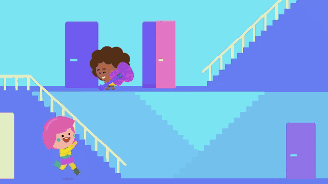 a girl with pink hair is walking down a set of stairs with two other girls