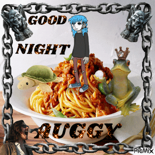 a picture of a bowl of spaghetti with a frog and a turtle on it