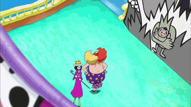 a group of cartoon characters are standing in a pool