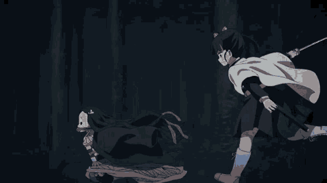 a girl holding a sword is fighting another girl