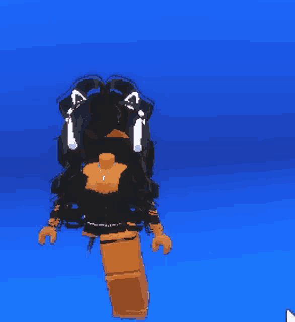 a cartoon character with a blue background is wearing a black top with cat ears