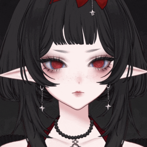 a girl with black hair and red eyes has a necklace around her neck