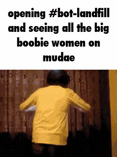 a man in a yellow shirt is standing in front of a curtain and seeing all the big boobie women on mudae .