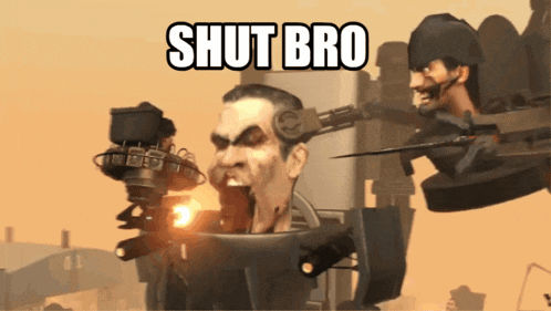 a cartoon of a man with a gun and the words shut bro
