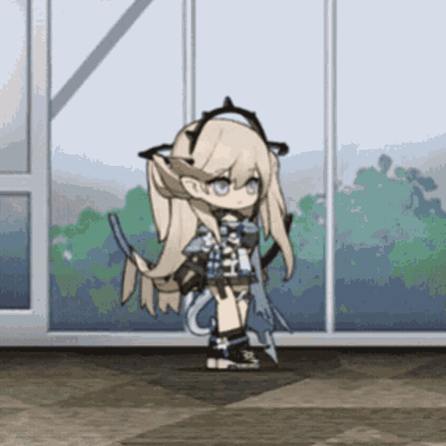 a little girl with long blonde hair is standing in front of a window holding a sword