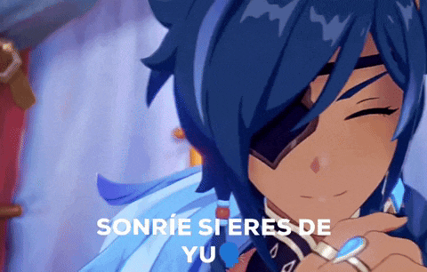 a close up of a blue haired anime character with the words sonrie sieres de yu