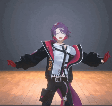 a man with purple hair and a jacket that says ' tokyo ' on it is standing on a stage