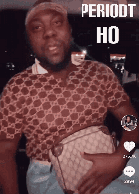 a man in a gucci shirt is holding a purse with the words periodt ho written above him