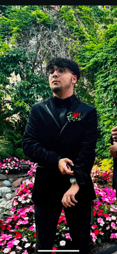 a man in a black suit and tie is standing in front of a garden of flowers .