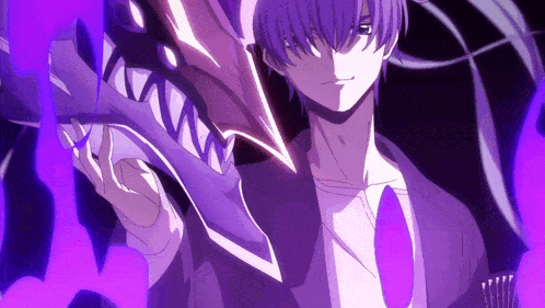 a man with purple hair is holding a sword with sharp teeth