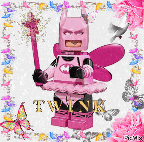 a picture of a lego batman dressed as a fairy with the word twink written in gold