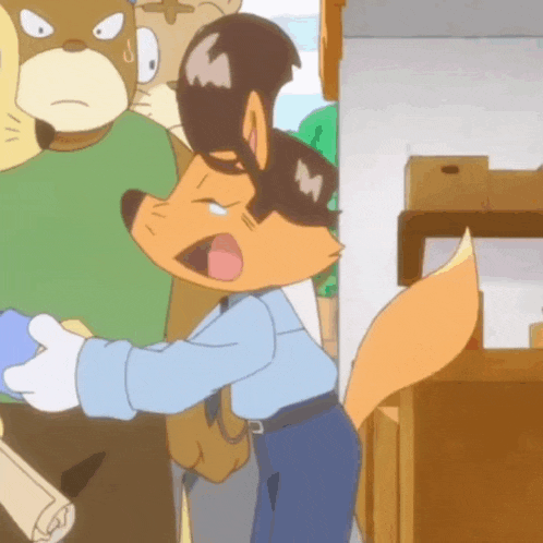 a cartoon of a man with a fox tail standing next to a cat