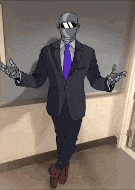 a man in a suit and tie is standing in a hallway with his arms outstretched