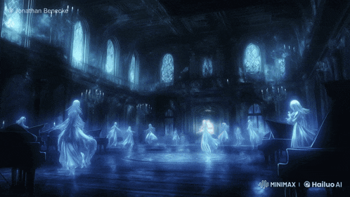 a painting of ghosts dancing in a dark room by jonathan benecke
