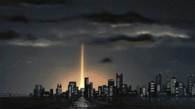 a computer generated image of a city skyline with a light coming out of the sky