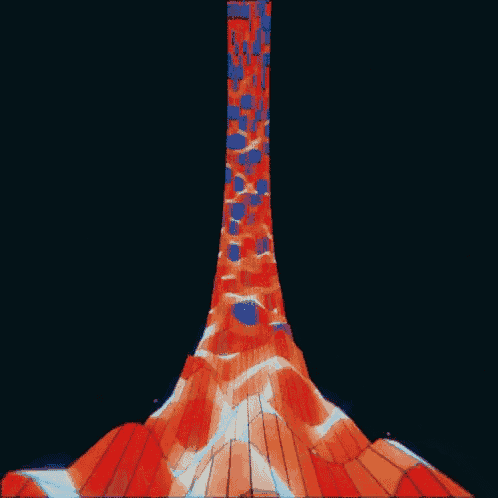 a computer generated image of a tower with red and blue lights