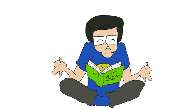 a cartoon of a person sitting on the floor reading a book called chem