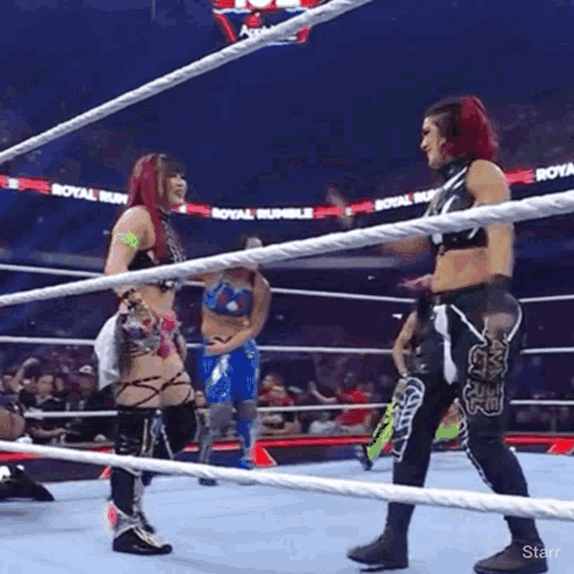 two female wrestlers are standing in a wrestling ring and talking to each other .