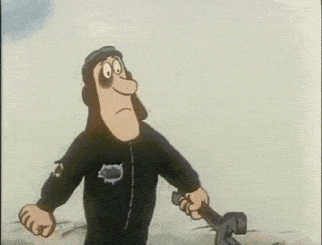 a cartoon man is holding a hammer in his hand .