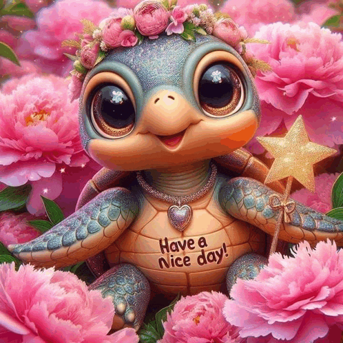 a turtle with a flower crown on its head says have a nice day on its chest