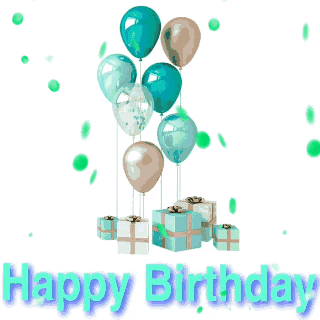 a birthday card with balloons and presents and the words happy birthday