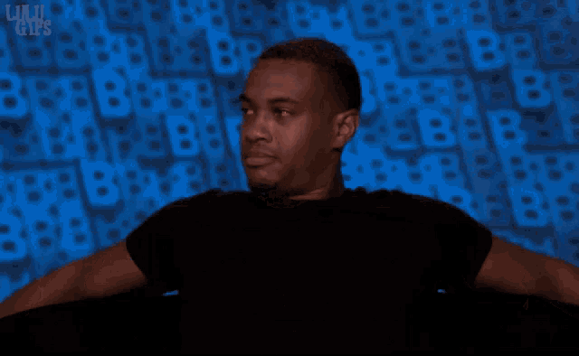 a man with his hands up in front of a blue background with the words lulu gifs on it