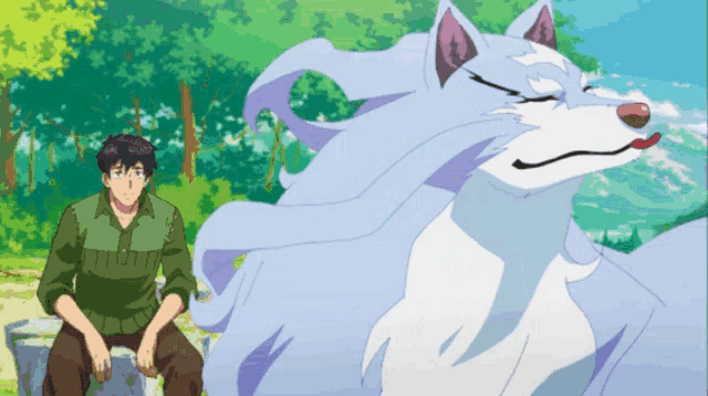 a man sits on a rock next to a large white animal